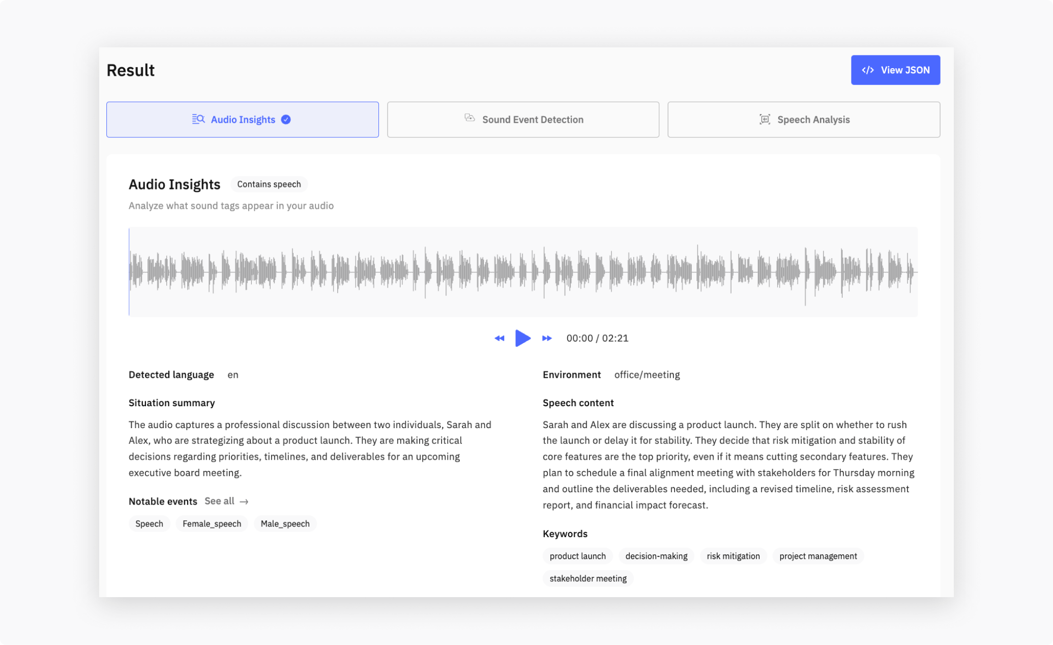 Audio Insights result panel in the Dashboard