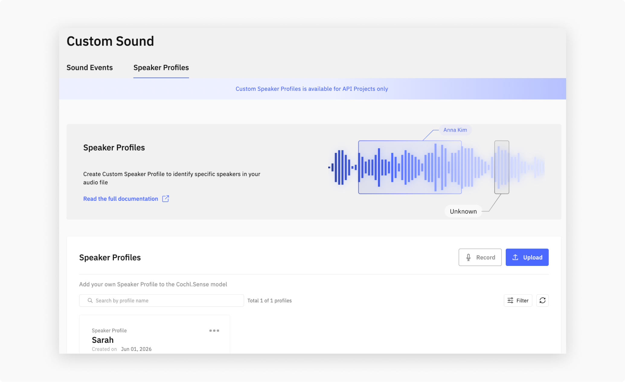 Speech Analysis result panel showing a registered speaker matched in the Dashboard