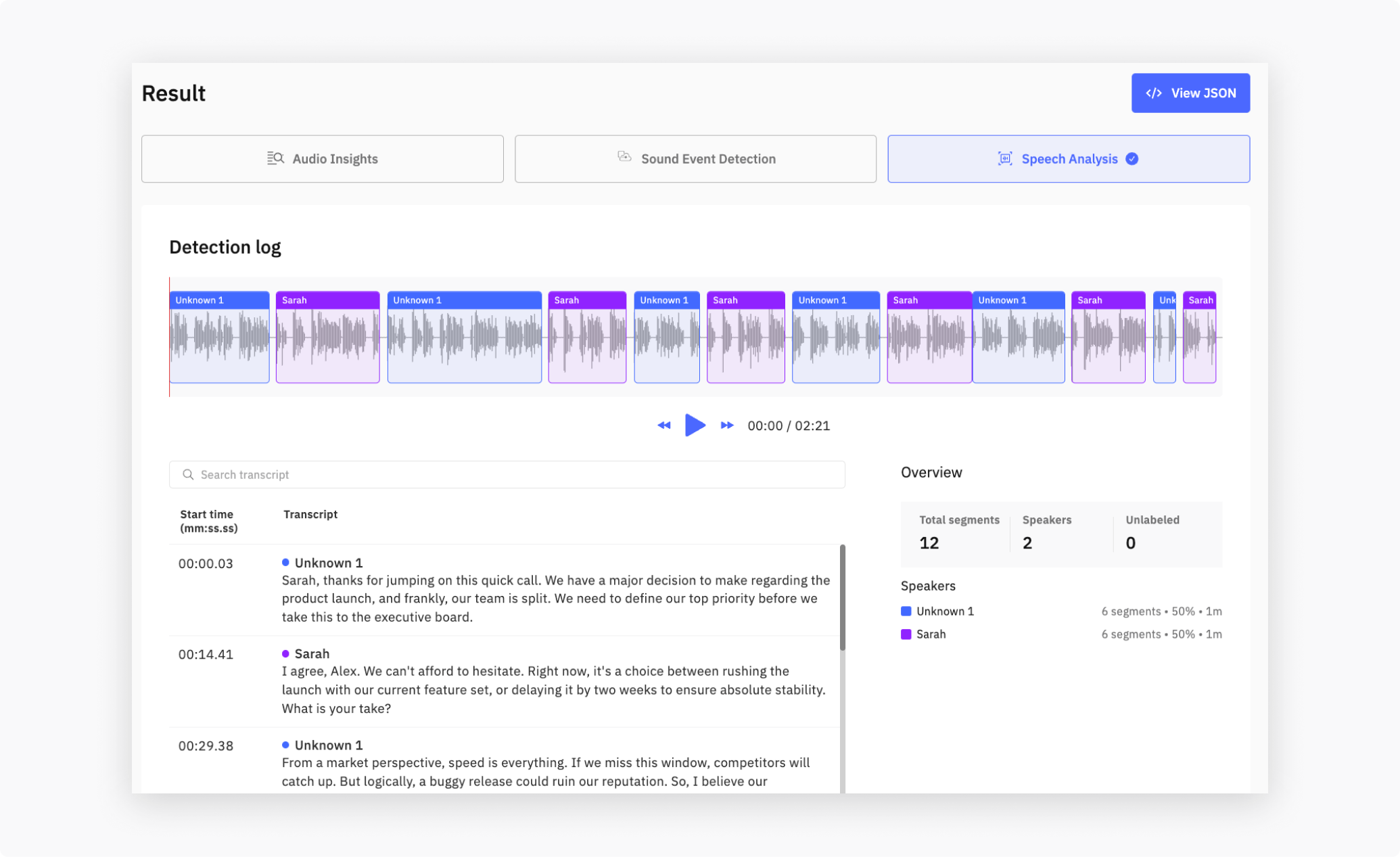 Speech Analysis transcript view in the Dashboard