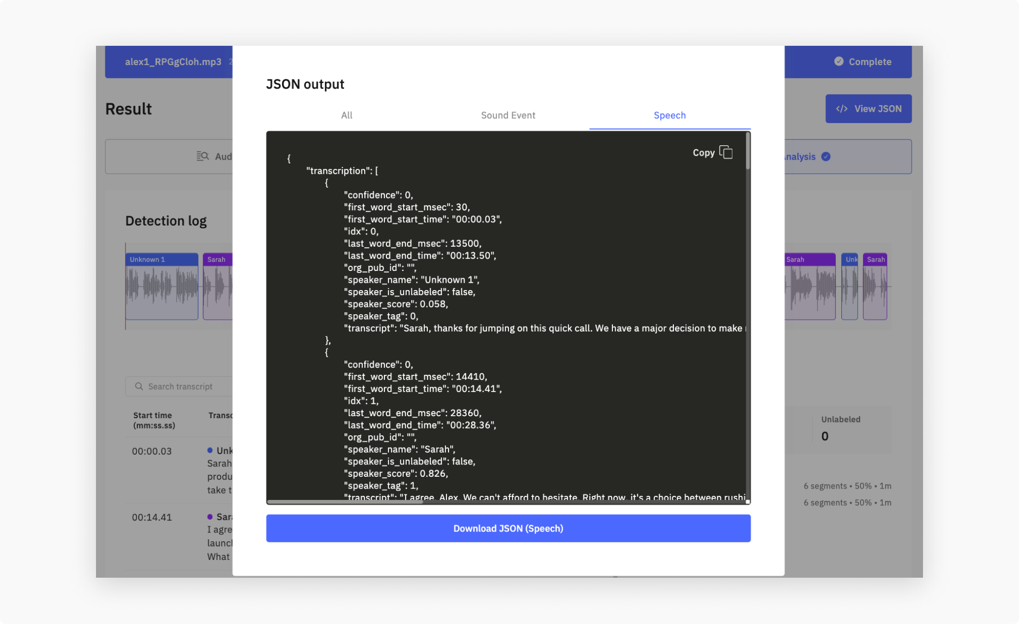 Speech Analysis JSON export modal